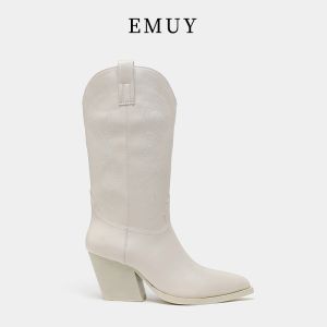 EMUY | White Thick-soled Embroidered Western-style Womens Boots
