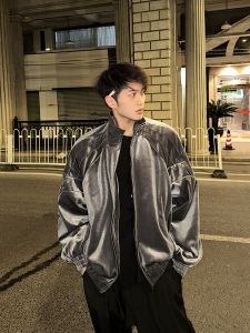 Linyiluck Mens Vintage Heavyweight Velvet Jacket Casual Loose Fit Trendy Zipper Decorated Long Sleeve Shirt for Spring Autumn