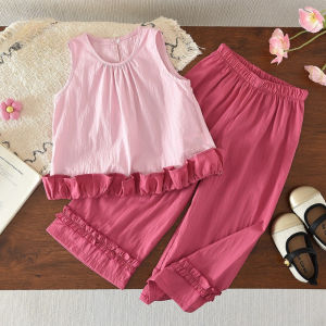 Melario | Rose Red Casual Suit for Girls Aged 3-7 Color Blocked Pleated Vest+lace Wide Leg Pants Two-piece Set for Summer Korean Version