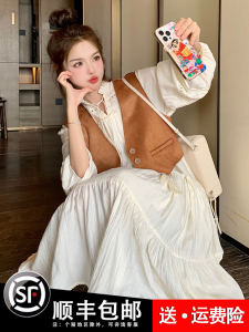 ชุดเดรสยาวสไตล์วินเทจฝรั่งเศส ชุดสองชิ้น ทรงหลวม แขนยาว คอตั้ง กระดุม ทรงเอ สำหรับผู้หญิง ชุดทำงาน ฤดูใบไม้ผลิและฤดูใบไม้ร่วง