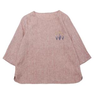 WUSEWUWEI | New Womens Color-Woven Linen Embroidered Round Neck Pink Loose Shirt Artistic Style Comfortable Fit Seven-Quarter Sleeve Top