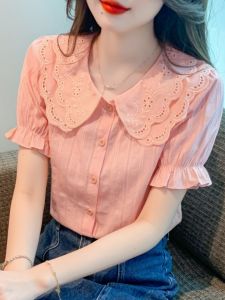 Fashionable Pure Cotton Short Sleeve Doll Collar Shirt for Women Summer 2023 Straight Cut Commute Style Single Button Detail