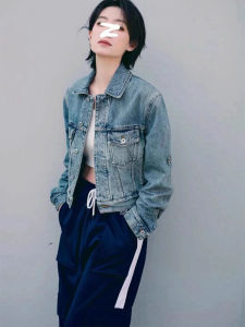 Retro American Celebrity Design Jeans Jacket Casual High Waist Sports Leisure Color Block Wide Leg Pants Street Style Cotton Long Sleeve