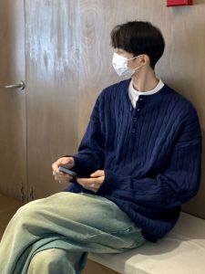 Cleanfit Mens Overhead Knitted Sweater Coat Heavy Weave Twist Korean Style Casual Winter Fashion Long Sleeve Henry Collar