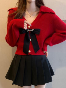 Red Christmas Knitted Sweater with Bow Tie Short V-Neck Open Cardigan French Style Top for Autumn Winter Fashionable Loose Fit