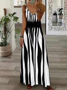 Đầm Dây Sọc Ngựa Vằn Thanh Lịch Đen Trắng Phong Cách Giản Dị Dài Đến Mắt Cá Chân Polyester Bốn Mùa Thời Trang Nữ