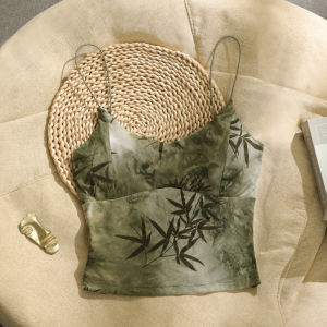 New Chinese Style Printed Sweet Cool Spicy Girl Small Strap Vest Womens Inner Wear Outerwear Base with Chest Pad Beach French Top