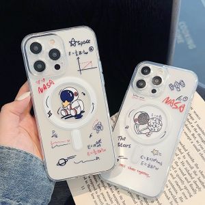 CrashStar MagSafe Cute Astronaut Transparent Clear Soft Phone Case For iPhone 15 14 Pro Max Plus 13 12 11 Pro Max Wireless Charging Phone Casing Cover With Full Cover Lens Camera Protection