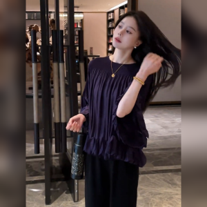 YUFUQING | French High-End Pleated Shirt Spring New Style 3D Fashion Loose Comfortable Versatile Long Sleeve Polyester Fiber Pear Shape