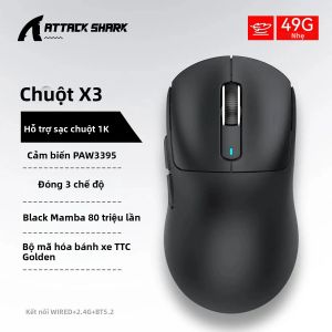 ATTACK SHARK | Chuột Chơi Game Không Dây Attack Shark X3/X3Pro 26K DPI Cảm Biến PAW3395 Ba Chế Độ Kết Nối (2.4G/BT/Có Dây) Siêu Nhẹ Sạc Lại Được