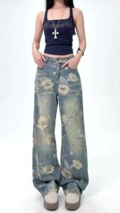 New Summer Y2k Pants Jeans for Woman Loose Fit High Waist Retro Wide Pants  American Vintage Style Floral Print Design