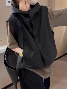 Black Hooded Vest Sleeveless Outerwear