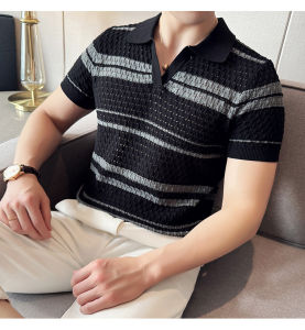 Áo Thun Polo Dệt Kim Lụa Băng Mỏng Thoáng Khí Mùa Hè Tay Ngắn Cổ Polo Kẻ Sọc Thời Trang Thường Ngày Thương Hiệu Không Có Thương Hiệu