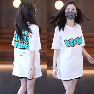 Pure Cotton Short Sleeve T-Shirt Womens Loose Fit Summer Fashionable Cartoon Letter Print Midi Top Half Sleeve Trendy Shirt