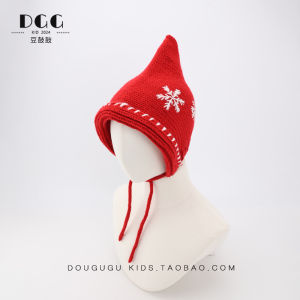 Hand Knitted Baby Hat Winter Ear Protection Snowflake Design Cute Elf Cap Red Color Woolen Knitwear for Infants And Toddlers