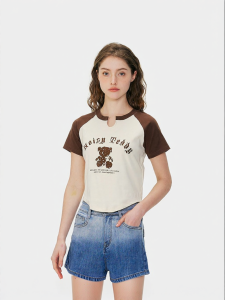 Cute Bear Colorblock Women Summer T-Shirt Casual