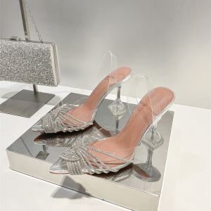 Transparent Cross Diamond High Heels Sandals Womens Summer New Pointed Toe Hollow out Slip-On Fashionable PVC Material