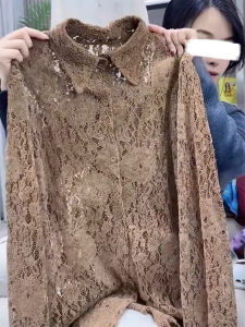QINGNAER | Vintage Caramel Crochet Lace Hollow Out Turn-down Collar Lightweight Shirt