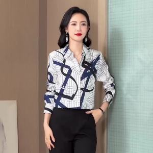 AMMIN 2025 Spring New Simple Lapel Fashion Chain Positioning Printing Commuter Long Sleeve Chiffon Shirt Womens Korean Style Single-Breasted Elegant Blouse
