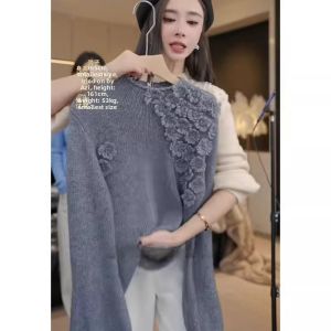 WANGGONGZHU | Princess Style Knitted Base Shirt Womens Round Neck 3D Flower Design Casual Sweater Autumn Winter New Fashion Sweet Leisure