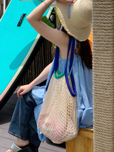 Lucky Shop Seaside Holiday Contrast Color Net Bag Bag One Shoulder Shopping Bag Satchel Cut Out Woven Bag Womens Bag
