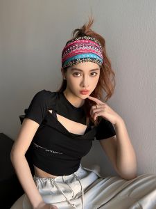 Bohemia Hairband Ethnic Print Yoga Sweat-Absorbing Headband Womens Wide-Brimmed Antiperspirant Bandana Cover Gray Hair Headwear