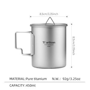 Tiartisan | Tiartisan 450ML 750ML Titanium Camping Mugs Wit Lid Outdoor Backpack Ultralight Folding Handle Single Wall Water Cup Cookware