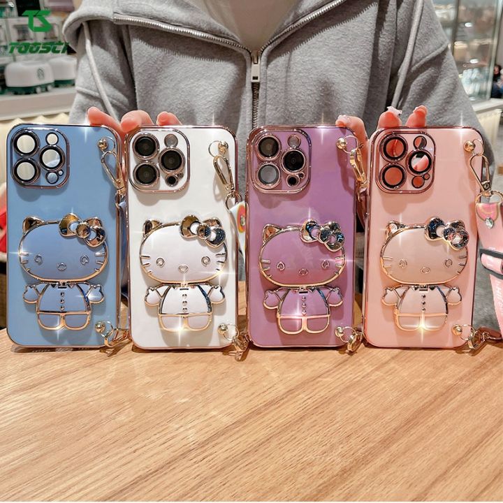 Luxury Hello Kitty Makeup Mirror Plating Holder Stand Phone Case