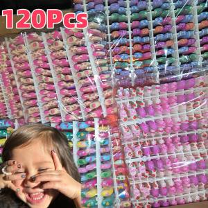 120Pcs Cartoon Children Fake Nails Kawaii Straberry Flower Press on Nail Short Square False Nail Tip for Girl Kid Christmas Gift