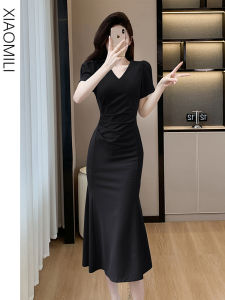 Elegant French V-Neck Black Dress for Women Summer High-Waisted Bubble Sleeves Mermaid Style With Waist Tie Body Conjurer Dress