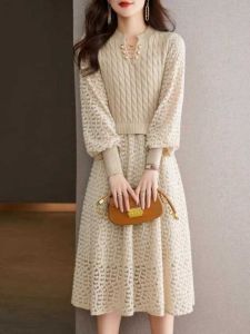 Váy Dệt Kim Dài Vừa Phải Phong Cách Hàn Quốc Cho Nữ Mùa Xuân Thu Mới Dáng Chữ a Cổ Chữ V Váy Midi