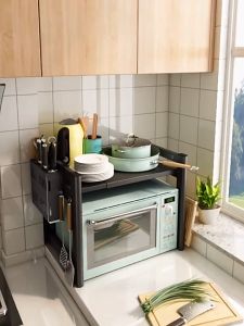 Expandable microwave rack 2/3 layer metal microwave rack lenght adjustable countertop kitchen storage rack with hooks