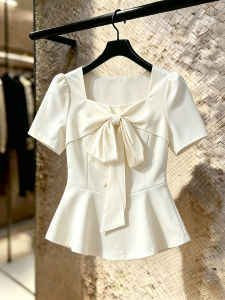SHUAIYUE | Áo Thun Nữ Hợp Mùa Hè Cổ Vuông Nơ Không T Tay Ôm Sát Sweet Style