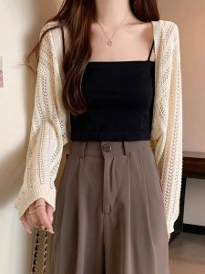 เสื้อคาร์ดิแกนถักบางแขนยาวแบบเปิดไหล่สำหรับผู้หญิงในช่วงฤดูร้อนปี 2025 เสื้อคลุมกันหนาวแบบสั้นแบบโปร่งแสง ทรงหลวม สไตล์เกาหลี