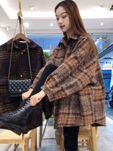 Hong Kong Style Retro Thickened Wool Mid-Length Gingham Shirt Womens Autumn and Winter Fashion All-Matching Casual Brushed Shirt Outwear
