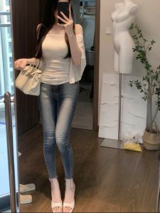 Retro High Waist Slim Fit Jeans Womens Elastic Faded Cotton Stretch Denim Blue Nine Point Ankle Length Trousers