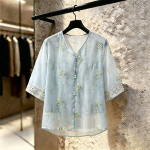SHUAIYUE | Áo Blouse Chiffon Tay Ngắn Cổ V Phong Cách Trung Quốc