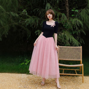 Elegant French Style Flower Square Neck Waist Accent Mesh Long Dress
