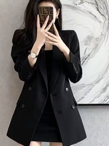 French Style Black Casual Loose Thin Womens Suit Jacket Spring Autumn Medium Length Comfortable High-End Feel Commute Wear