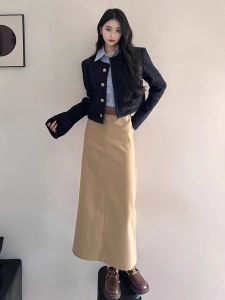 Khaki Color Suit Style High Waist A-Line Mini Skirt for Women Spring Autumn Winter Open Slit One Step Long Skirts Commute