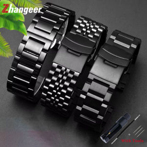 Zhangeer High Quality Black Precision Solid Stainless Steel Watch Strap 18 20 22 24mm Flat Head Universal Strap Chain Accessories Bracelet Mens Wristband Women Watchband With Tools