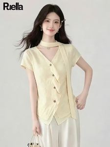 puella | Cross-Over Fold Stylish V-Neck Short Sleeve Shirt