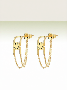 18k Gold Smile Face Dangle Earrings with Tassel