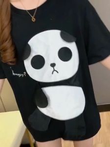 เสื้อยืด เกาหลีรุ่นหลวมป่าแขนสั้น เสื้อยืดแพนด้าเย็บปักถักร้อยแนวโน้มผู้ชายคู่ฤดูร้อน เสื้อคูู่