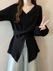 Elegant Black Long Sleeve Shirt Design Slim Fit Spring Autumn plus Size Womens Fashionable Texture Unique Top Commute Style