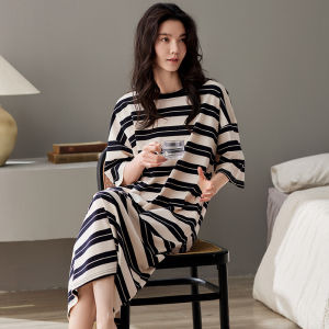 MiiOW | Pure Cotton Summer Lightweight Short Sleeve Sleepwear Casual Striped Midi Dress For Women Breathable Comfortable Home Clothes