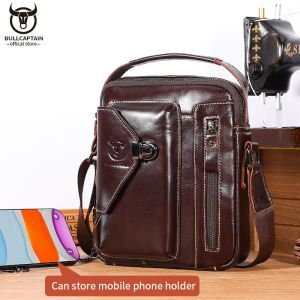 BULLCAPTAIN Mens Messenger Leather Bag Casual Business Messenger Bag Multifunctional 6.7-inch Mobile Phone Anti-theft Portable Shoulder Bag