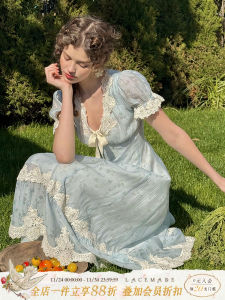 Váy Ren Tay Ngắn Mùa Hè Phong Cách Pháp Tươi Mới Màu Xanh Baby Dài Đến Mắt Cá Chân Váy Công Sở Cổ Chữ V Khóa Kéo