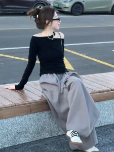 YUFUQING | เสื้อยืดคอกลมแขนยาวทรงสลิมฟิตสีดำเซ็กซี่สำหรับผู้หญิงช่วงต้นฤดูใบไม้ร่วง กางเกงขายาวทรงหลวม เสื้อผ้าทำงานฤดูใบไม้ร่วง