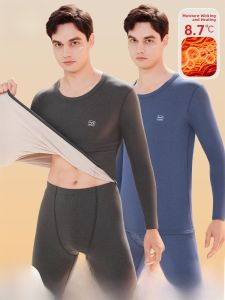MiiOW | Mens Thermal Underwear Set Fleece Lined Thickened Dervo Non Traceable Heating Long Sleeve Round Neck Pullover Autumn Winter